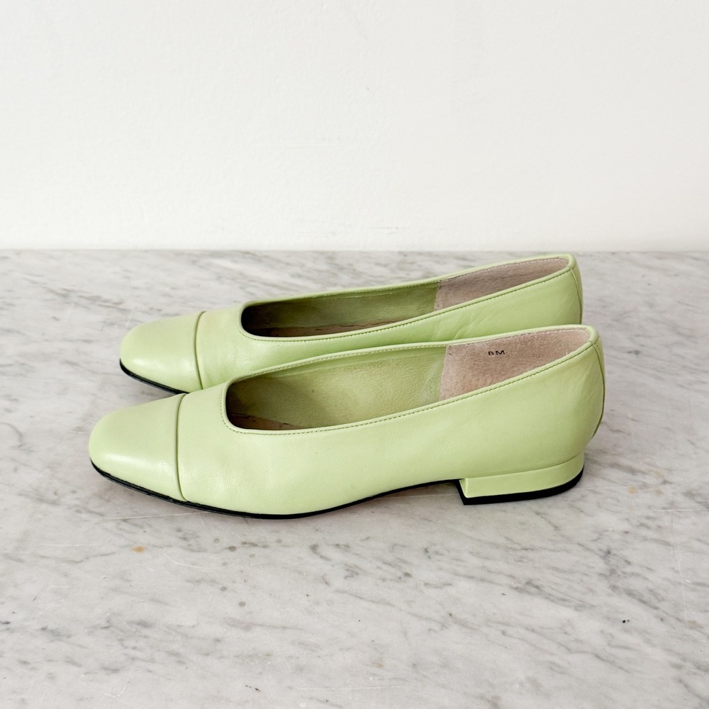 Vaneli Leather Flats Cap Toe Low Block Heel 8M Light Green Square Toe Italian